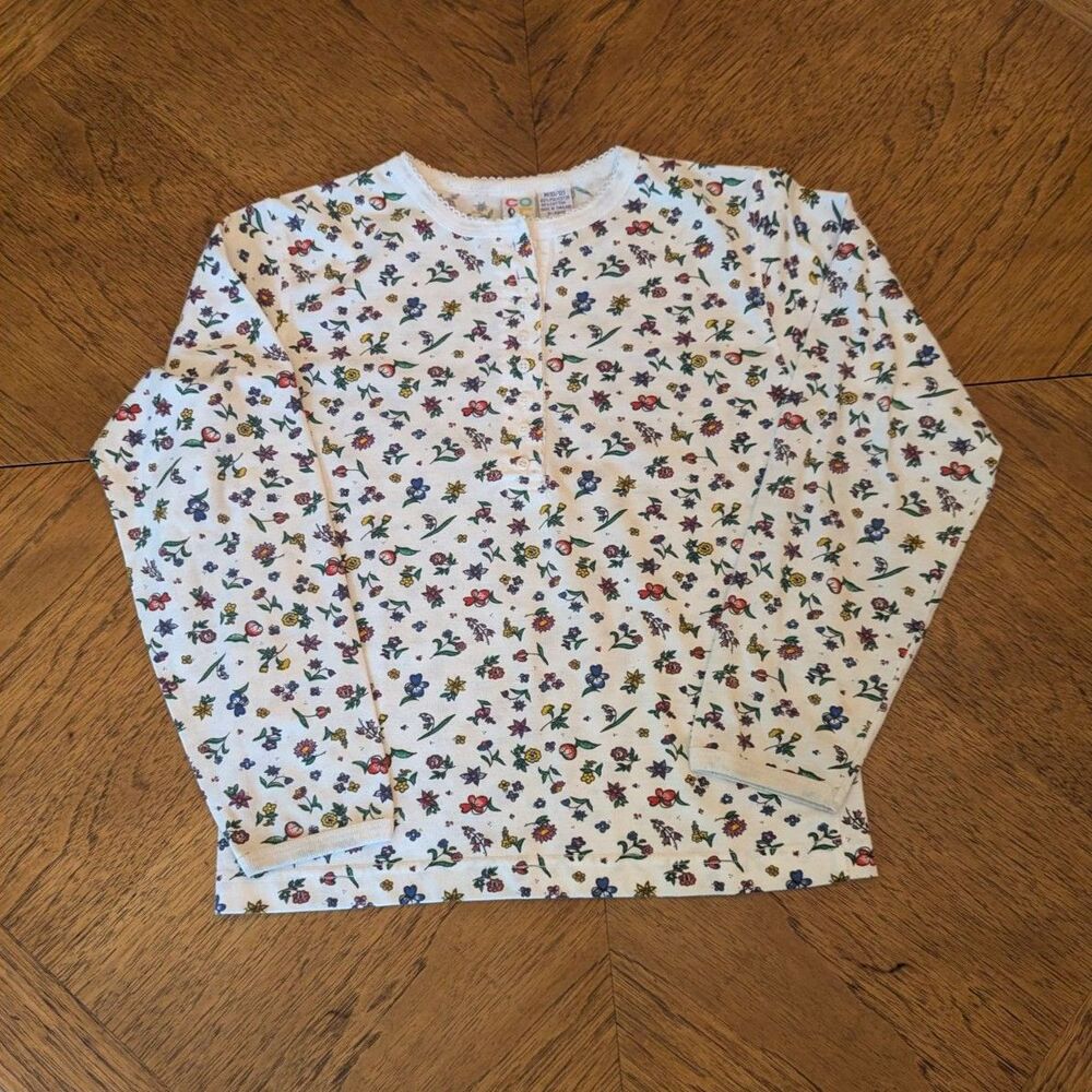 Vintage Color & Co Ditsy Floral Lace Trim Long Sleeve Henley Girls Medium 10/12
